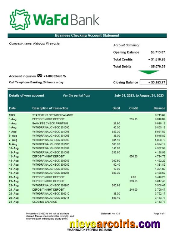Washington Federal Inc Bank business checking account statement